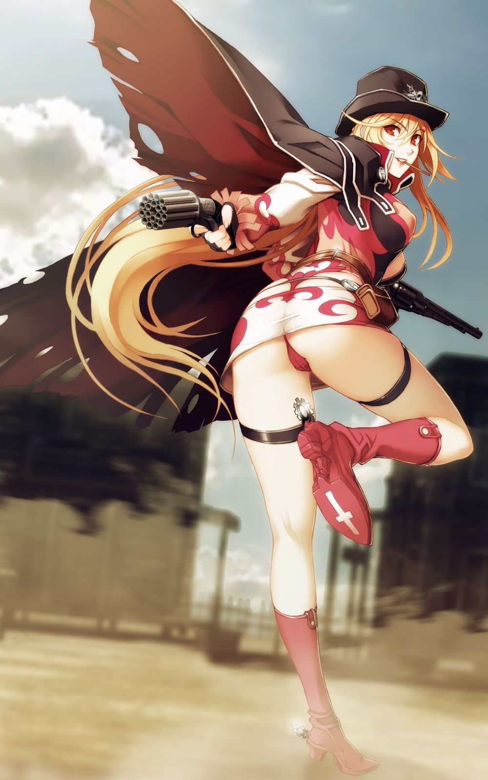 ass belt bent_over blonde_hair boots breasts cape cowboy_hat donne_anonime full_body gun handgun hat highres kneepits large_breasts legs long_hair looking_back mouth_hold nishii_(nitroplus) non-web_source panties pepper_box_revolver red_eyes red_panties remington_new_model revolver smile solo spurs torn_clothes underwear upskirt very_long_hair weapon western zoku_satsuriku_no_django