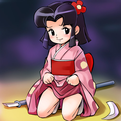 akadou_suzunosuke chiba_sayuri haruyama_kazunori japanese_clothes kimono lowres polearm solo weapon