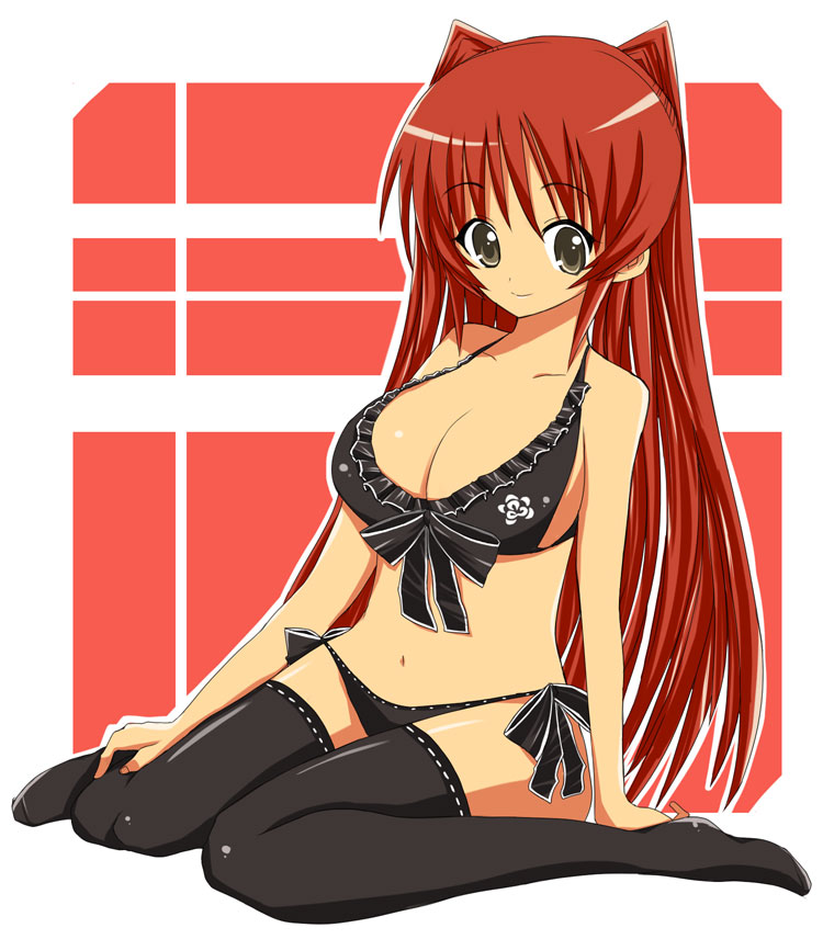 arm_at_side bangs bare_arms bare_shoulders black_bow black_bra bow bra breasts brown_eyes cleavage closed_mouth collarbone eyebrows_visible_through_hair frilled_bra frills full_body knees_together_feet_apart kousaka_tamaki large_breasts long_hair looking_at_viewer maro_nie navel no_shoes panties red_hair side-tie_panties sitting smile solo stomach straight_hair tareme thighhighs to_heart_2 two-tone_background underwear underwear_only very_long_hair wariza