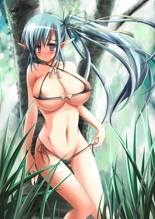 bikini blue_hair breasts cleavage copyright_request large_breasts nipples pointy_ears purple_eyes solo stem swimsuit