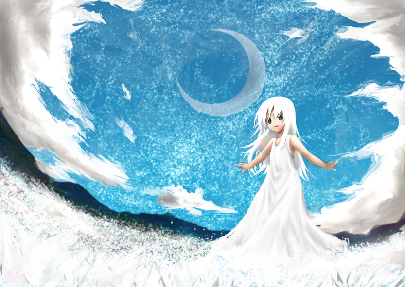 byakugetsu copyright_request dress long_hair moon night solo white_hair