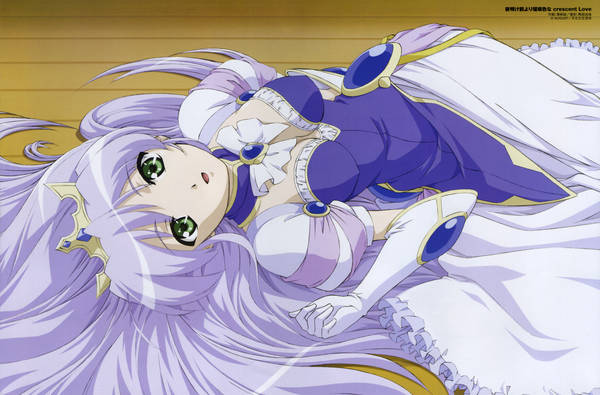 1girl :d breasts breasts_apart brooch cleavage clenched_hand crown detached_collar dress elbow_gloves feena_fam_earthlight frilled_dress frills gem gloves green_eyes hair_spread_out indoors jewelry long_hair looking_at_viewer lying official_art on_back on_floor open_mouth princess ribbon sawazaki_makoto silver_hair smile solo very_long_hair wooden_floor yoake_mae_yori_ruri_iro_na