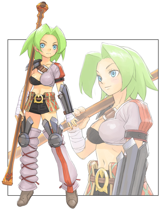 armor asymmetrical_clothes belt blue_eyes buckle green_hair iyokawa knee_pads looking_at_viewer midriff miniskirt multiple_views navel original rod shoes simple_background skirt staff standing stomach upper_body white_background
