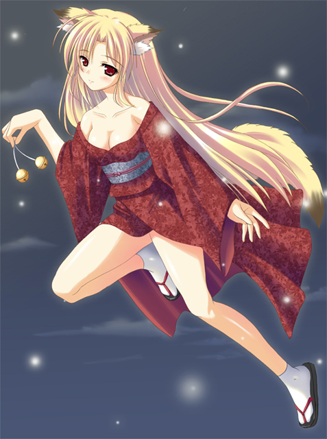 animal_ears bare_shoulders breasts cleavage fox_ears japanese_clothes kimono medium_breasts original skywaker solo tail