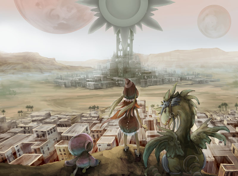 city cityscape creature desert from_behind hat long_hair moon muted_color original palm_tree saitou_shunsuke scenery sun teeth tree twintails wings