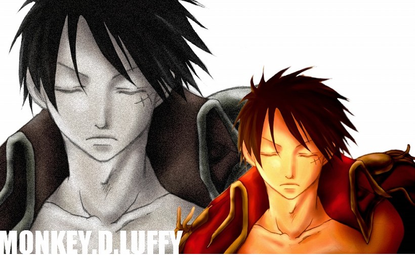 1boy black_hair character_name coat dark_hair epaulettes eyes_closed male male_focus monkey_d_luffy nude_jacket one_piece scar solo wallpaper zoom_layer