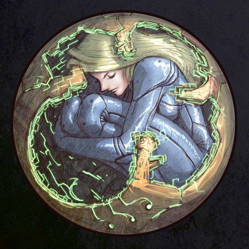 blonde_hair blue_bodysuit bodysuit fetal_position james_chung long_hair metroid morph_ball samus_aran shiny shiny_clothes skin_tight sleeping solo zero_suit