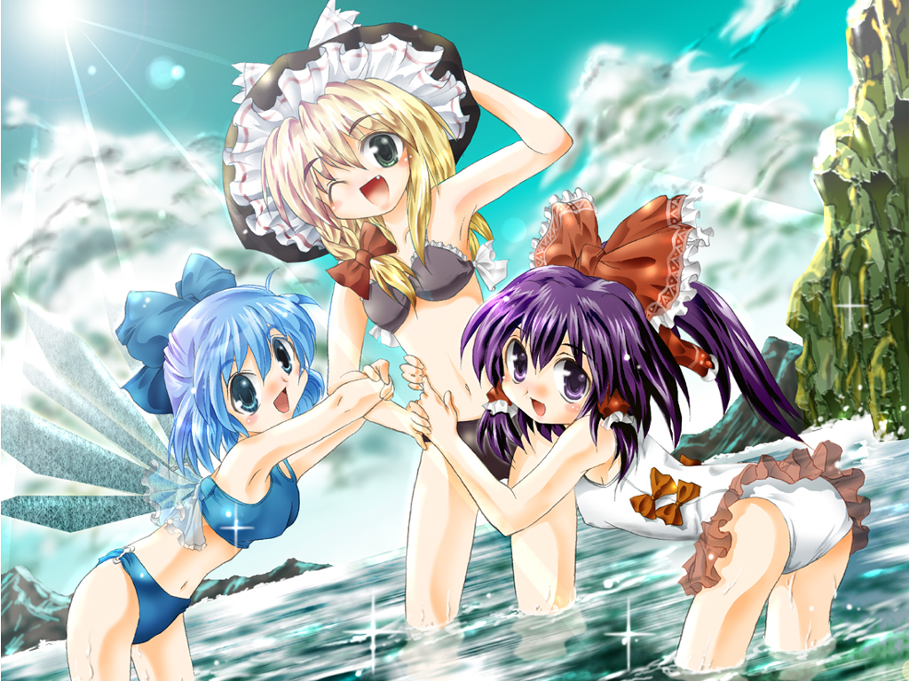 :d ;d ass bathing bikini blonde_hair blue_bikini blue_eyes blue_hair blush braid casual_one-piece_swimsuit cirno day from_behind hakurei_reimu hat ice ice_wings kirisame_marisa looking_at_viewer looking_back multiple_girls no_nose one-piece_swimsuit one_eye_closed open_mouth outdoors river single_braid smile swimsuit touhou wading water white_swimsuit wings witch_hat