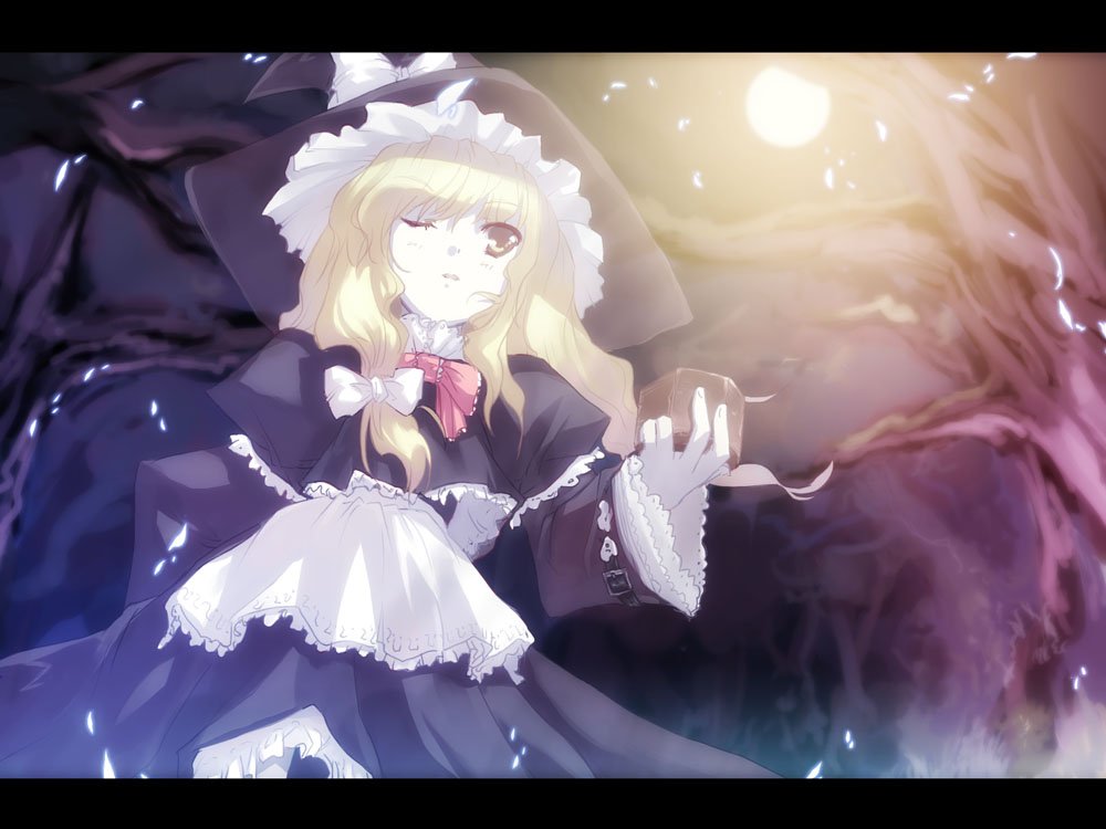 bare_tree blonde_hair bow frills from_below glowing hat kirisame_marisa letterboxed long_hair night one_eye_closed solo tokiame touhou tree witch_hat yellow_eyes
