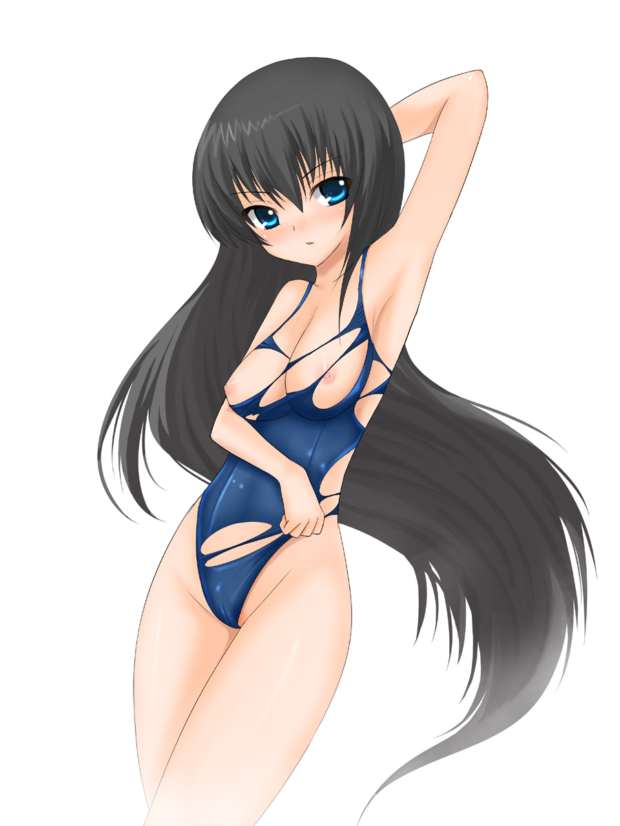 black_hair blue_eyes breasts copyright_request highres long_hair medium_breasts one-piece_swimsuit shima-shuu solo swimsuit torn_clothes very_long_hair