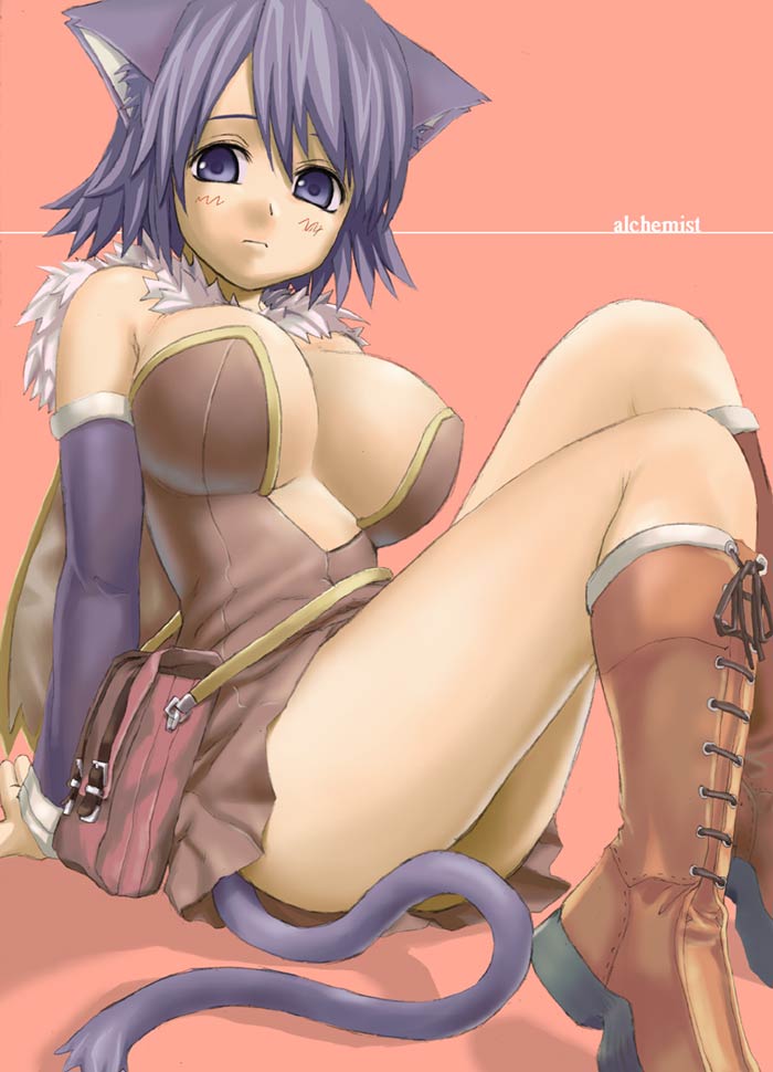 alchemist_(ragnarok_online) animal_ears arm_at_side arm_support asanagi bag bangs bare_shoulders boots breasts brown_footwear cat_ears cat_girl cat_tail center_opening character_name cleavage closed_mouth cross-laced_footwear dress from_below frown fur_trim knee_boots knees_up lace-up_boots large_breasts leaning_back looking_at_viewer looking_to_the_side microdress purple_eyes purple_hair ragnarok_online red_background shadow short_hair simple_background sitting solo strapless strapless_dress tail tail_censor