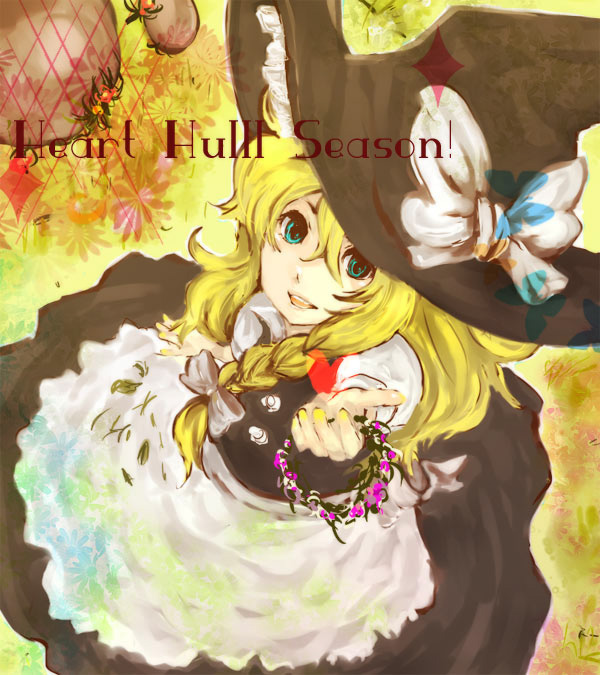 :d apron black_dress blonde_hair bow brown_eyes buttons chiri_(o9o9) dress flower frills from_above hat hat_bow kirisame_marisa looking_at_viewer looking_up open_mouth puffy_short_sleeves puffy_sleeves short_sleeves smile solo touhou waist_apron white_bow witch_hat