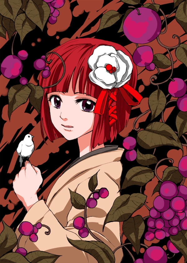 bird food fruit grapes hieda_no_akyuu japanese_clothes kuma_(crimsonvanilla) red_hair solo touhou