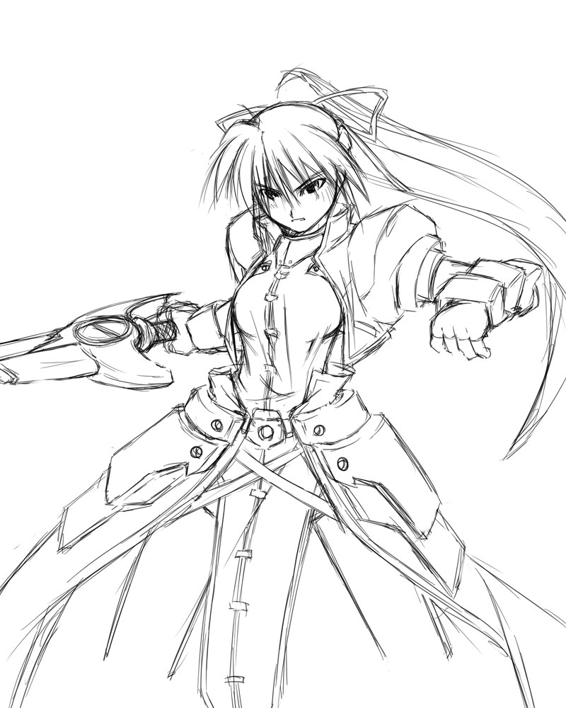 armor dress gauntlets greyscale holding holding_sword holding_weapon levantine long_sleeves looking_at_viewer lyrical_nanoha mahou_shoujo_lyrical_nanoha mahou_shoujo_lyrical_nanoha_a's monochrome serious signum simple_background sketch solo standing sword uka unsheathed weapon white_background yuuka_(o.t.kingdom)