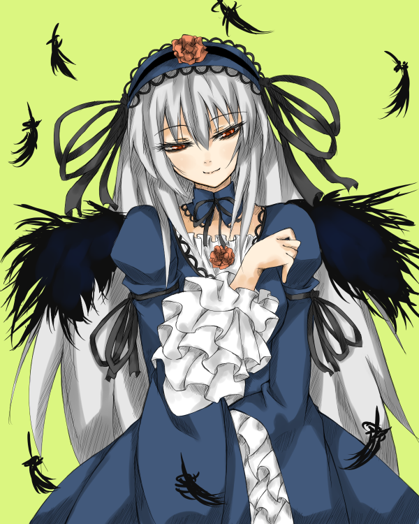 black_dress black_wings brooch dress feathers frilled_sleeves frills gem hairband jewelry lolita_hairband long_hair long_sleeves looking_at_viewer pink_eyes rozen_maiden shingetsu_takehito silver_hair simple_background solo suigintou very_long_hair wings yellow_background