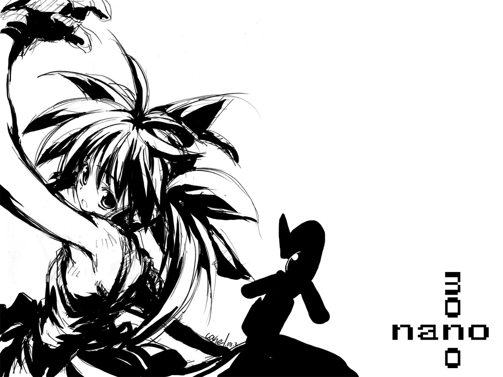 ahoge alternate_hairstyle armpits bare_shoulders dress from_side greyscale looking_at_viewer looking_to_the_side lyrical_nanoha mahou_shoujo_lyrical_nanoha matsuno_canel monochrome raising_heart simple_background sketch sleeveless sleeveless_dress solo takamachi_nanoha white_background