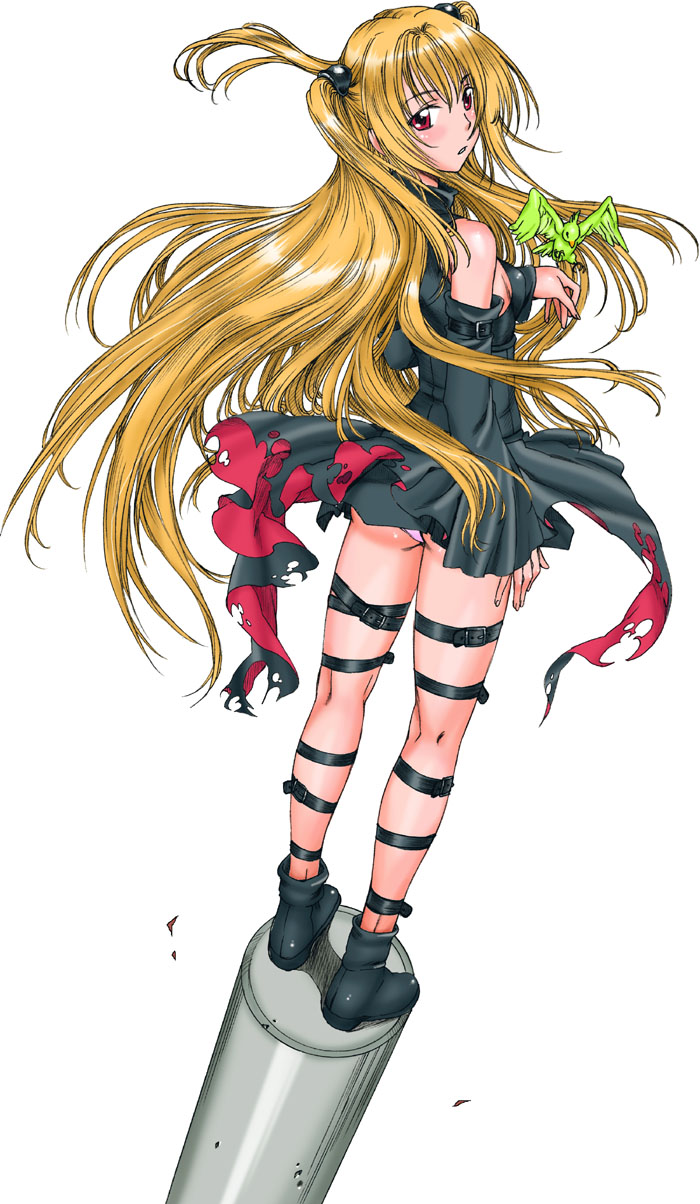 belt bird blonde_hair boots detached_sleeves hanzaki_jirou highres konjiki_no_yami legs long_hair looking_back on_top_of_pole panties pink_panties red_eyes solo standing thigh_strap to_love-ru torn_clothes two_side_up underwear very_long_hair wind wind_lift