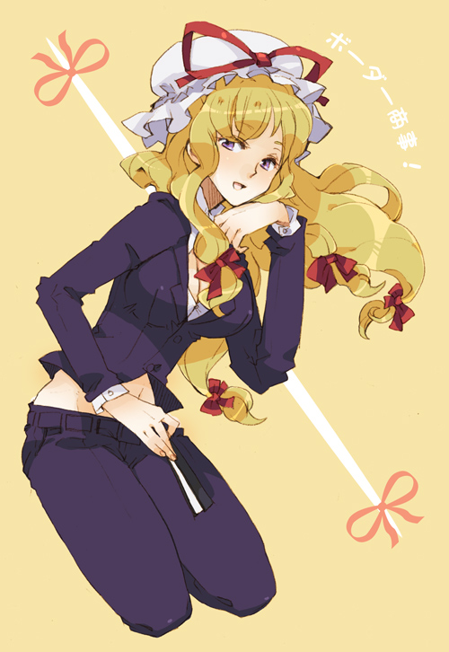 alternate_costume bad_id bad_pixiv_id blonde_hair bow breasts chin_rest chita cleavage closed_fan contemporary denim fan folding_fan hair_bow hat jeans long_hair looking_at_viewer medium_breasts midriff navel open_mouth pants purple_eyes ribbon smile solo touhou translated yakumo_yukari