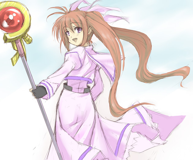 :d belt black_gloves brown_eyes brown_hair buckle capelet dress fingerless_gloves gloves left-handed long_sleeves looking_at_viewer lyrical_nanoha magical_girl mahou_shoujo_lyrical_nanoha_strikers open_mouth pink_dress polearm raising_heart rod satou_takeshi smile solo sphere staff takamachi_nanoha twintails uniform weapon