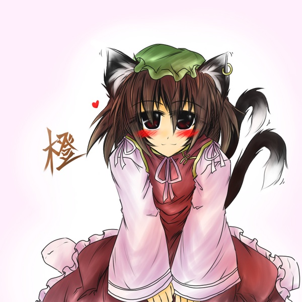 aiba_kinoko_(aozora) animal_ears blush brown_hair cat_ears cat_tail chen earrings hat jewelry multiple_tails red_eyes short_hair smile solo tail touhou