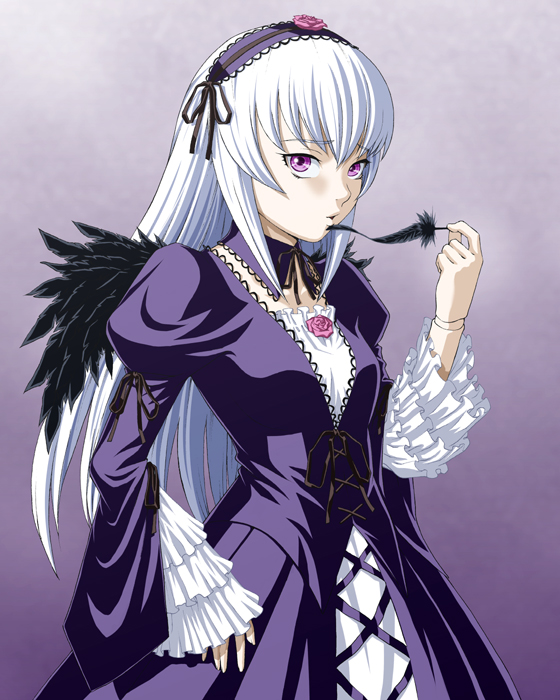 black_wings doll_joints dress feathers ichikawa_masahiro purple_eyes rozen_maiden silver_hair solo suigintou wings
