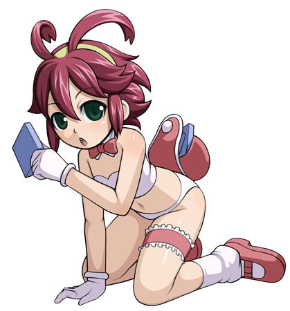 :o all_fours antenna_hair blue_eyes bow bowtie caryo detached_collar frills gloves holding kneehighs leg_garter looking_at_viewer lowres mary_janes midori_boushi midriff navel open_mouth red_bow red_neckwear renkin_san-kyuu_magical_pokaan shoes short_hair solo stomach white_gloves white_legwear yuuma_(renkin_san-kyuu_magical_pokaan)