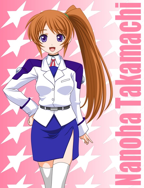 brown_hair character_name long_hair lyrical_nanoha mahou_shoujo_lyrical_nanoha_strikers military military_uniform open_mouth pencil_skirt purple_eyes red_hair side_ponytail side_slit skirt smile solo t2r takamachi_nanoha thighhighs tsab_air_military_uniform uniform white_legwear zettai_ryouiki