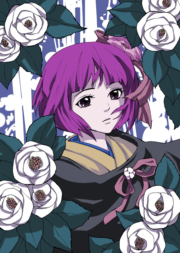 flower hieda_no_akyuu japanese_clothes kuma_(crimsonvanilla) purple_hair solo touhou