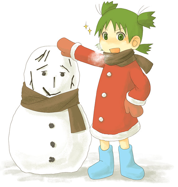 boots breath coat green_eyes green_hair haru_(fiction) koiwai_yotsuba quad_tails scarf short_hair snowman solo yotsubato!