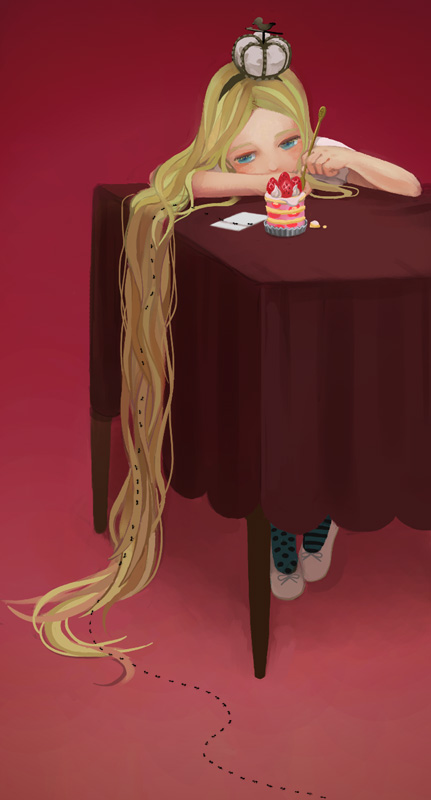 animal ant blonde_hair blue_eyes bug cake crown food fruit hair_flowing_over insect kirobaito long_hair mismatched_legwear original pastry polka_dot polka_dot_legwear simple_background solo strawberry striped striped_legwear table very_long_hair