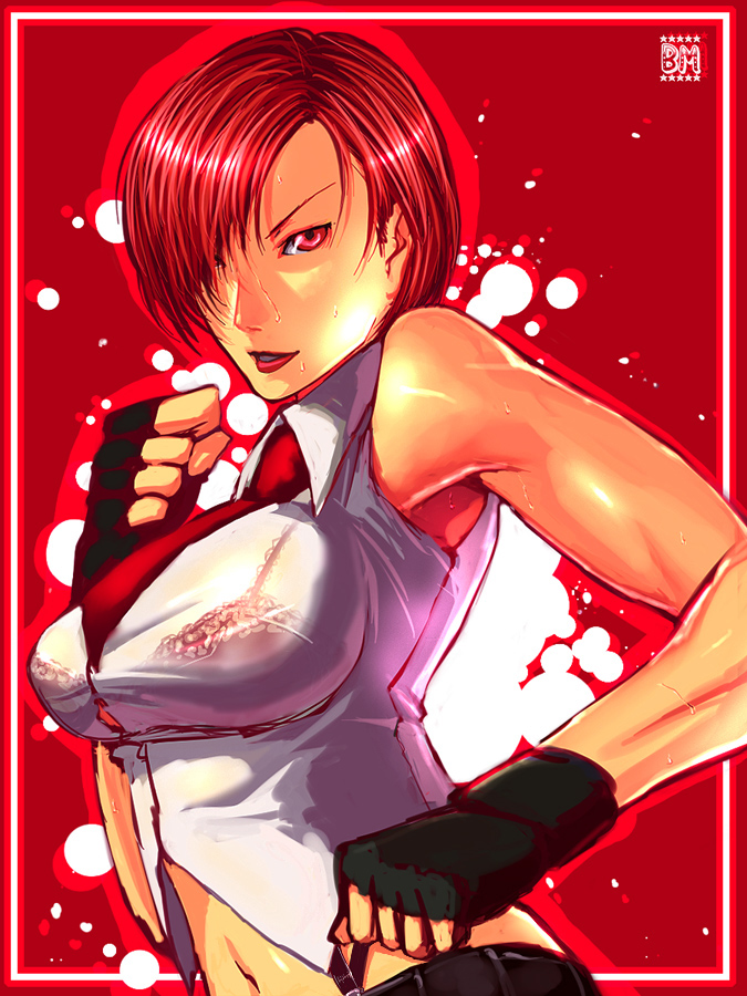 bra fingerless_gloves gloves lingerie necktie red_hair sawao see-through snk solo sweat the_king_of_fighters underwear vanessa_(king_of_fighters) wet