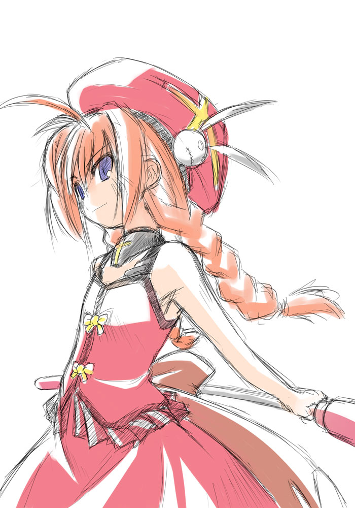bare_shoulders beret blue_eyes braid bunny_hair_ornament dress from_side graf_eisen hair_ornament hammer hat holding holding_weapon long_hair lyrical_nanoha mahou_shoujo_lyrical_nanoha mahou_shoujo_lyrical_nanoha_a's orange_hair polearm profile red_dress simple_background sketch sleeveless sleeveless_dress solo twin_braids uka very_long_hair vita weapon white_background yuuka_(o.t.kingdom)