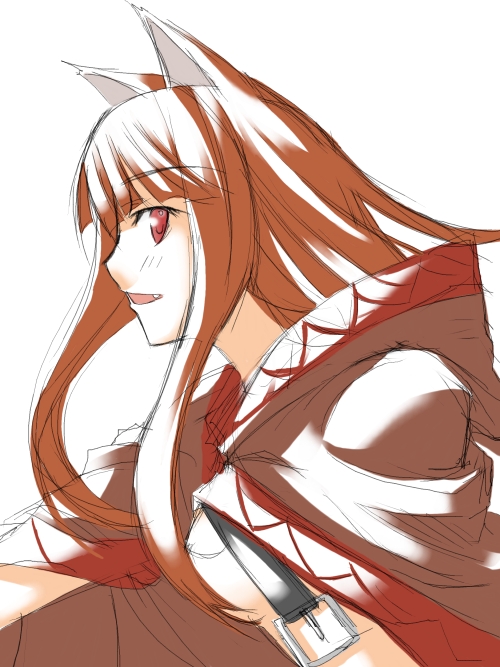 animal_ears bangs blunt_bangs brown_hair cape fang holo long_hair open_clothes open_shirt red_eyes ribi shirt solo spice_and_wolf tail white_background wolf_ears wolf_tail