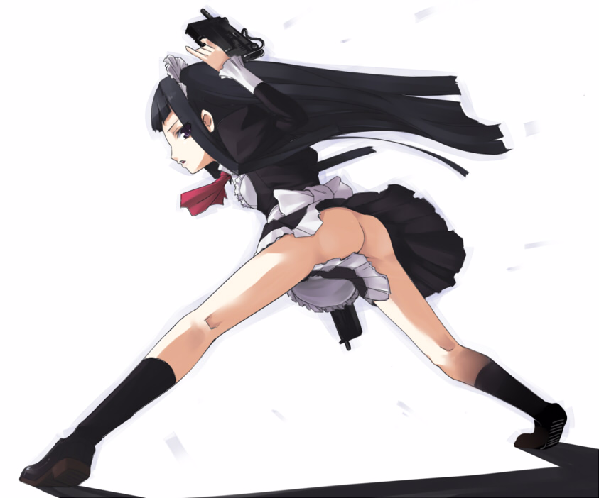 apron ar_tonelico ar_tonelico_ii ass black_eyes black_hair bow dual_wielding frills from_behind gun headdress hijiri holding jakuri long_hair maid no_panties solo submachine_gun weapon