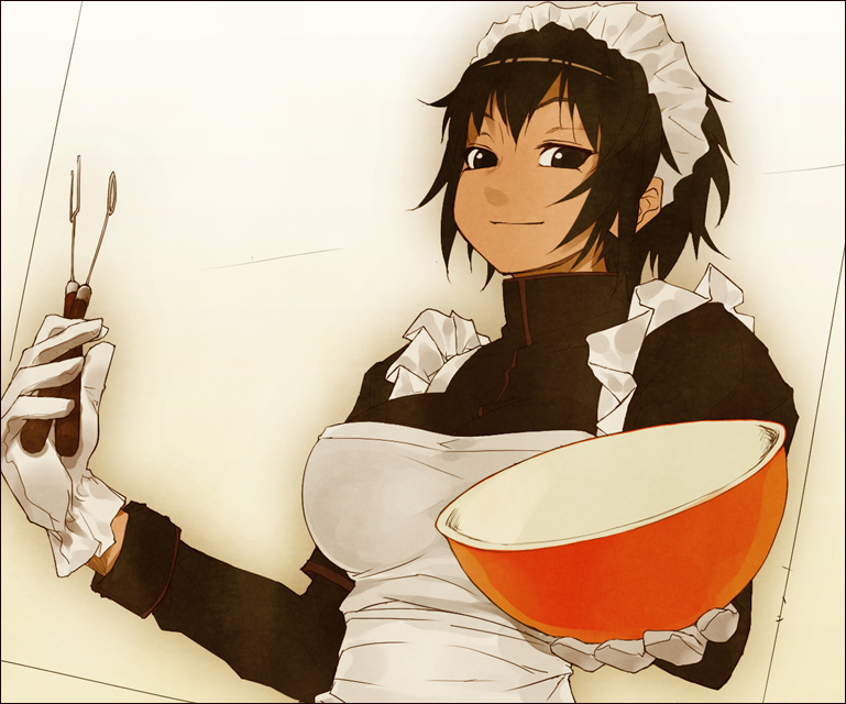 apron bowl breasts cooking gloves hair_ornament large_breasts maid original short_hair smile solo sun-3 white_gloves