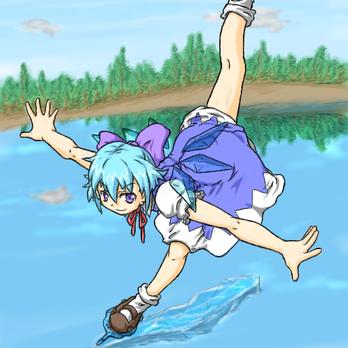 bow cirno lowres skating solo touhou tree water