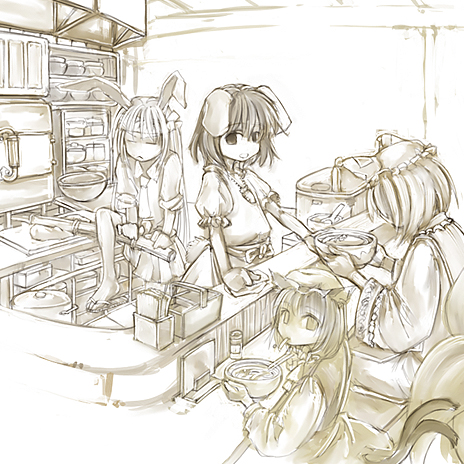 animal_ears bar bowl brown bunny_ears cat_ears cat_tail cervus chen chopsticks closed_eyes dress eating food hat height_difference inaba_tewi indoors long_hair long_sleeves looking_at_viewer lowres monochrome multiple_girls multiple_tails nekomata pillow_hat puffy_short_sleeves puffy_sleeves reisen_udongein_inaba sandals shelf short_hair short_sleeves sitting standing tail tassel touhou two_tails wide_sleeves yakumo_ran