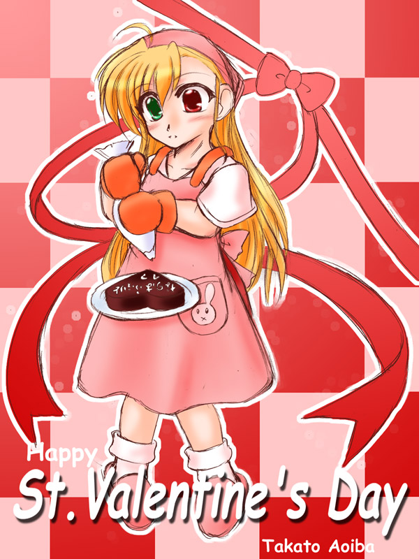 ahoge aoiba_takato artist_name blonde_hair bunny chocolate chocolate_heart comic_sans english green_eyes happy_valentine heart heterochromia long_hair lyrical_nanoha mahou_shoujo_lyrical_nanoha_strikers oven_mitts pastry_bag pigeon-toed plate red_eyes solo valentine vivio