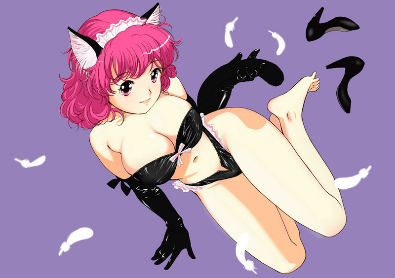 animal_ears barefoot cat_ears copyright_request elbow_gloves feathers feet gloves leather pink_eyes pink_hair solo tanaka_yutaka