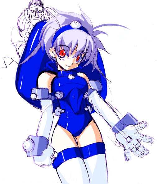 1girl ahoge armor artist_request bangs bare_shoulders batou blue_leotard blush bracer breastplate clenched_hand closed_mouth cowboy_shot cybernetic_eye cyborg earrings elbow_gloves eyebrows eyebrows_visible_through_hair facial_mark forehead_mark ghost_in_the_shell gloves hair_between_eyes hairband head_tilt jewelry legs_together leotard light_smile looking_at_viewer mecha_musume open_hand parted_bangs personification red_eyes short_hair silver_hair simple_background sketch smile solo_focus spiked_hair standing stud_earrings tachikoma thigh_gap thighhighs white_gloves white_legwear