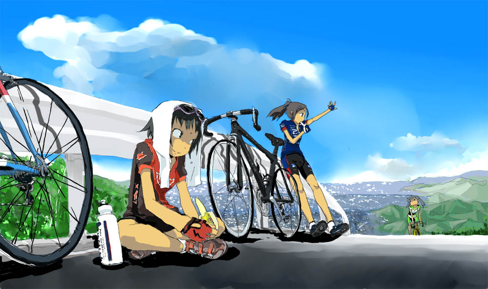 bicycle bike_shorts city cityscape clothes_writing cloud day ground_vehicle keisan legs mountain multiple_girls original outdoors ponytail railing road sky sportswear sweat towel
