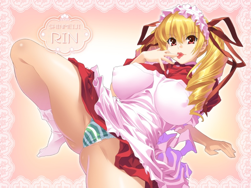apron arm_support bangs blonde_hair bobby_socks border breasts breasts_apart buttons cameltoe character_name covered_nipples dress dress_lift drill_hair dutch_angle finger_to_mouth fingernails foreshortening frills gradient gradient_background green_panties hair_between_eyes hair_ribbon huge_breasts kei_(bekei) lace lace-trimmed_panties lace_border legs long_fingernails long_hair maid maid_headdress oshioki_sweetie panties pantyshot pantyshot_(squatting) partially_visible_vulva puffy_nipples reclining red_eyes ribbon ringlets shinmeiji_rinn short_dress socks solo spread_legs squatting striped striped_panties thick_thighs thighs tiptoes tongue underwear upskirt wallpaper white_panties