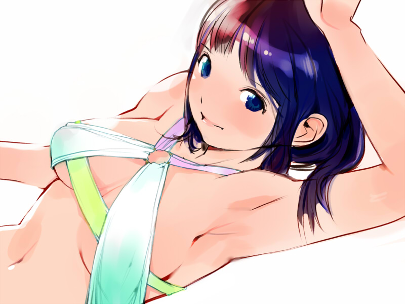 arm_up armpits bikini blue_eyes from_above gradient_hair igarasy lips multicolored_hair o-ring o-ring_top original purple_hair red_hair short_hair solo swimsuit