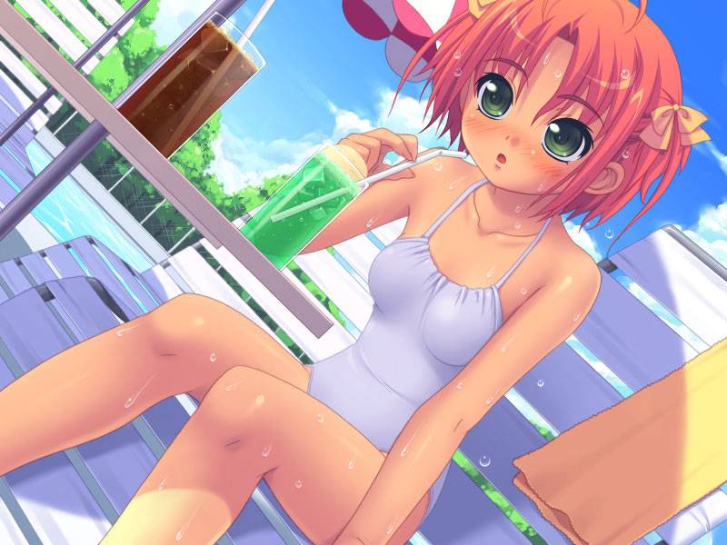 :o beach blush chair cloud day drink drinking_straw dutch_angle game_cg green_eyes kamiki_suzume lounge_chair nonohara_miki one-piece_swimsuit outdoors parasol pink_hair pool poolside ribbon shishunki short_hair sitting sky solo swimsuit table towel tree tropical_drink umbrella water wet white_swimsuit