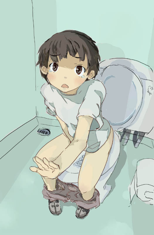 bad_id bad_pixiv_id caught copyright_request covering embarrassed foreshortening hands keisan short_hair sketch solo tears toilet toilet_use walk-in