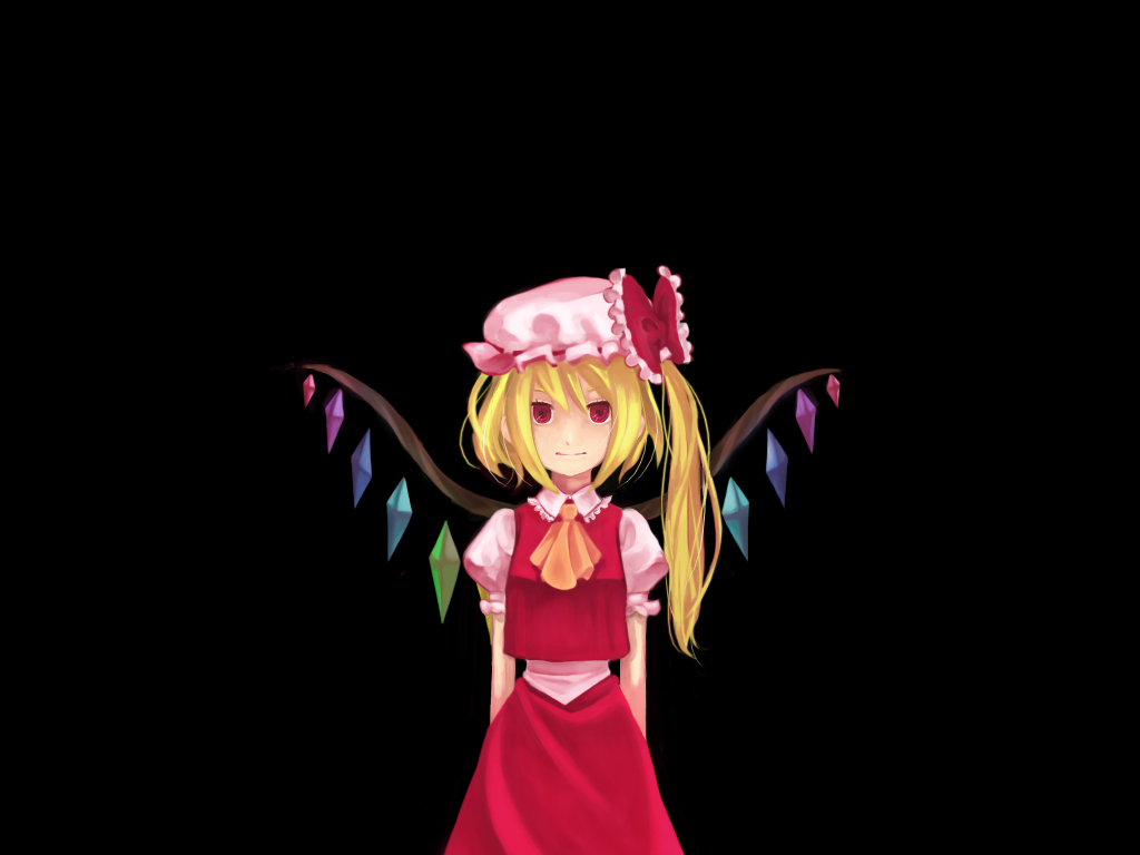 blonde_hair flandre_scarlet hat mame_usagi one_side_up red_eyes simple_background solo standing touhou wings