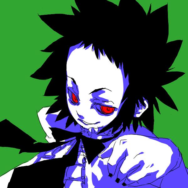 artist_request black_bow black_hair black_neckwear bow bowtie d.gray-man evil_grin evil_smile green_background grin looking_at_viewer parted_lips red_eyes road_kamelot simple_background smile solo spiked_hair teeth white_skin