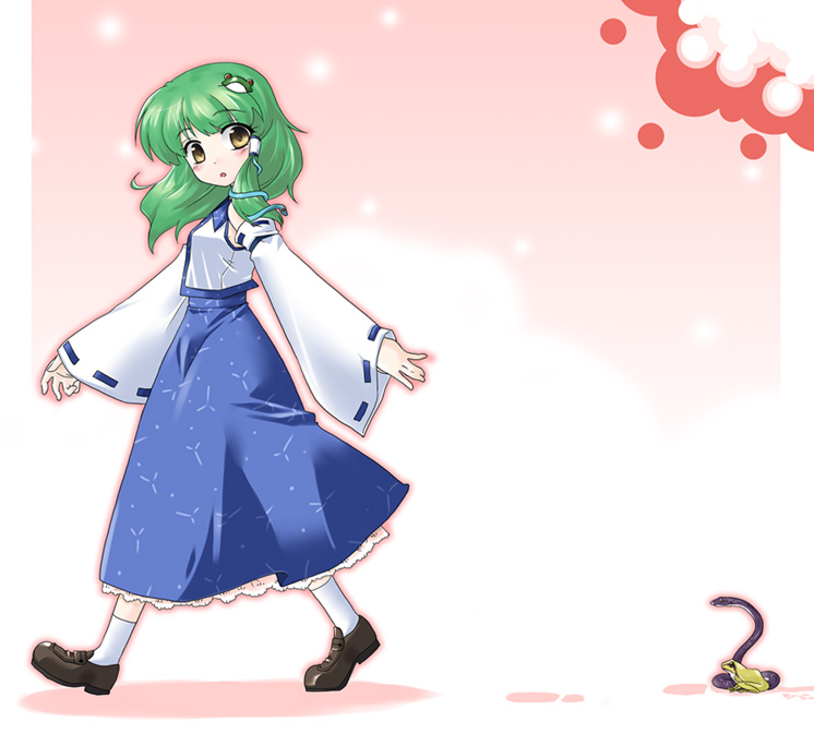 blue_skirt brown_eyes detached_sleeves frog full_body green_hair hair_ornament japanese_clothes kneehighs kochiya_sanae loafers long_sleeves looking_at_viewer nontraditional_miko ribbon-trimmed_sleeves ribbon_trim shoes shokushu_anago short_hair skirt snake solo touhou vest walking white_legwear yellow_eyes