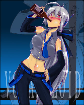 abe_takakazu alcohol blush bottle bow breasts cameo cleavage detached_sleeves headphones large_breasts long_hair lowres midriff necktie red_eyes silver_hair solo very_long_hair vocaloid voyakiloid yaranaika yowane_haku