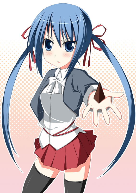 amatsuka_tsurara baby_princess black_legwear blue_eyes blue_hair chocolate contrapposto food holding holding_food long_sleeves looking_at_viewer outstretched_arm shio solo standing thighhighs twintails